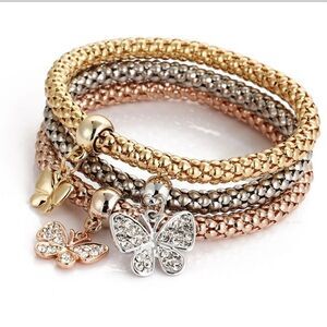 Butterfly pendant golden beaded bracelet, three color bracelets
